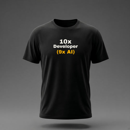 Front view: Black t-shirt floating on a grey background with '10x Developer (9x AI)' with the footnote in amber printed across the chest in off-white and amber.