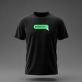 Front view: Black t-shirt floating on a grey background with a single 'ACCEPT ALL' pill button with an arrow pointer over it printed across the chest in green and off-white.