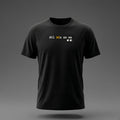 Front view: Black t-shirt floating on a grey background with 'All AIs on me' on one line with pixel eyes printed across the chest in off-white and amber.