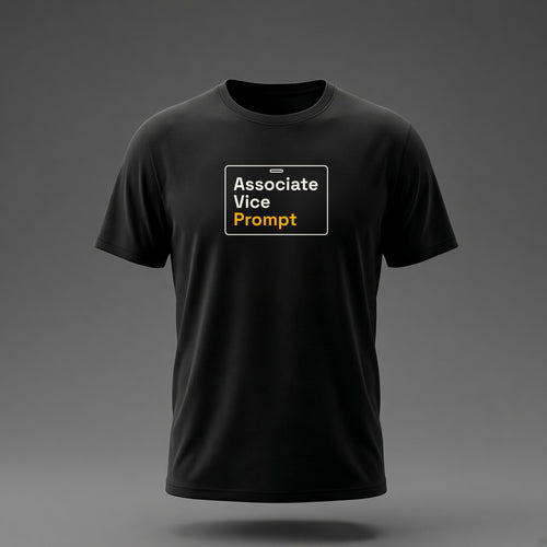 Front view: Black t-shirt floating on a grey background with 'Associate Vice Prompt' on an ID-badge outline printed across the chest in off-white and amber.