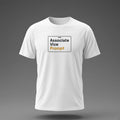 Front view: White t-shirt floating on a grey background with 'Associate Vice Prompt' on an ID-badge outline printed across the chest in black and dark amber.
