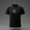 Front view: Black t-shirt floating on a grey background with 'Chief Prompt Officer' on an ID-badge outline printed across the chest in off-white and amber.