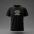 Front view: Black t-shirt floating on a grey background with 'Context limit reached.' under a usage meter whose last block bursts out of the frame printed across the chest in off-white, amber and red.