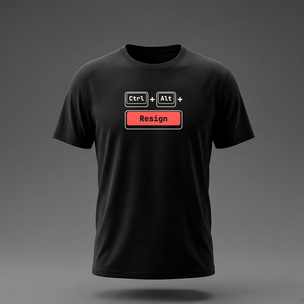 Front view: Black t-shirt floating on a grey background with Ctrl and Alt keycaps over one wide 'Resign' key printed across the chest in off-white and red.