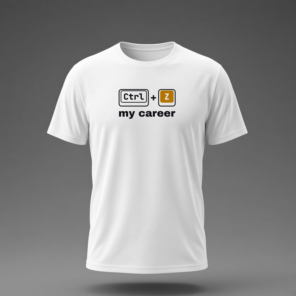 Front view: White t-shirt floating on a grey background with Ctrl and Z keycaps over the words 'my career' printed across the chest in black and dark amber.