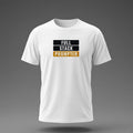 Front view: White t-shirt floating on a grey background with 'Full Stack Prompter' as three stacked slabs with the words knocked out printed across the chest in black and dark amber.