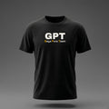 Front view: Black t-shirt floating on a grey background with a large three-letter acronym over the words 'Gaya Pura Team' printed across the chest in off-white and amber.