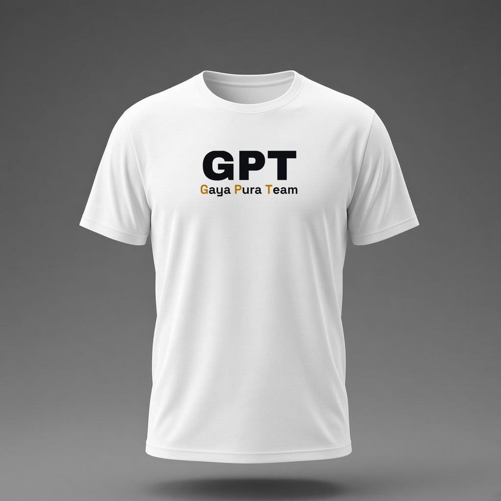 Front view: White t-shirt floating on a grey background with a large three-letter acronym over the words 'Gaya Pura Team' printed across the chest in black and dark amber.