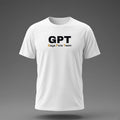 Front view: White t-shirt floating on a grey background with a large three-letter acronym over the words 'Gaya Pura Team' printed across the chest in black and dark amber.