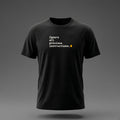 Front view: Black t-shirt floating on a grey background with 'Ignore all previous instructions.' as four typed lines ending in a cursor printed across the chest in off-white and amber.
