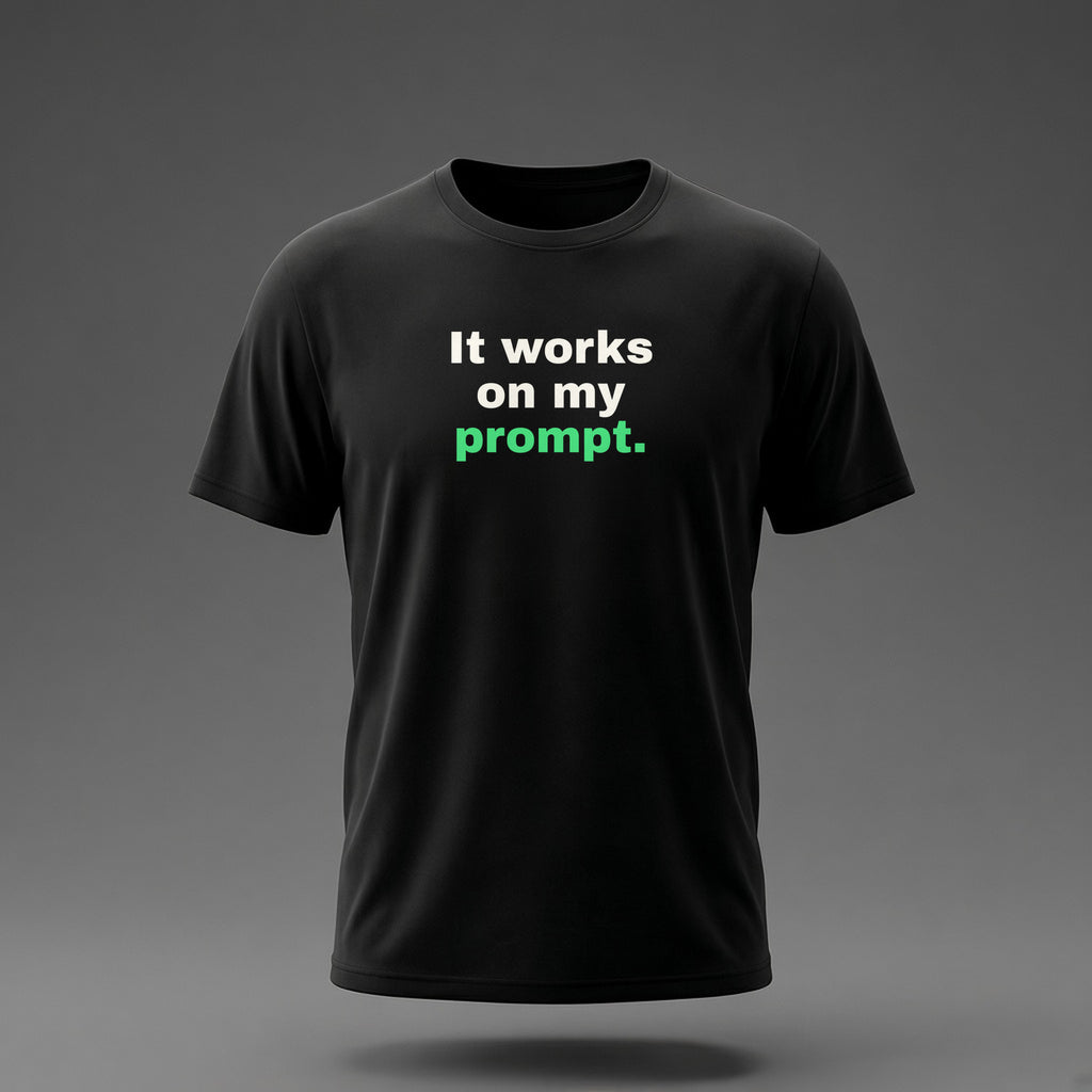 Front view: Black t-shirt floating on a grey background with 'It works on my prompt.' in three heavy lines printed across the chest in off-white and green.