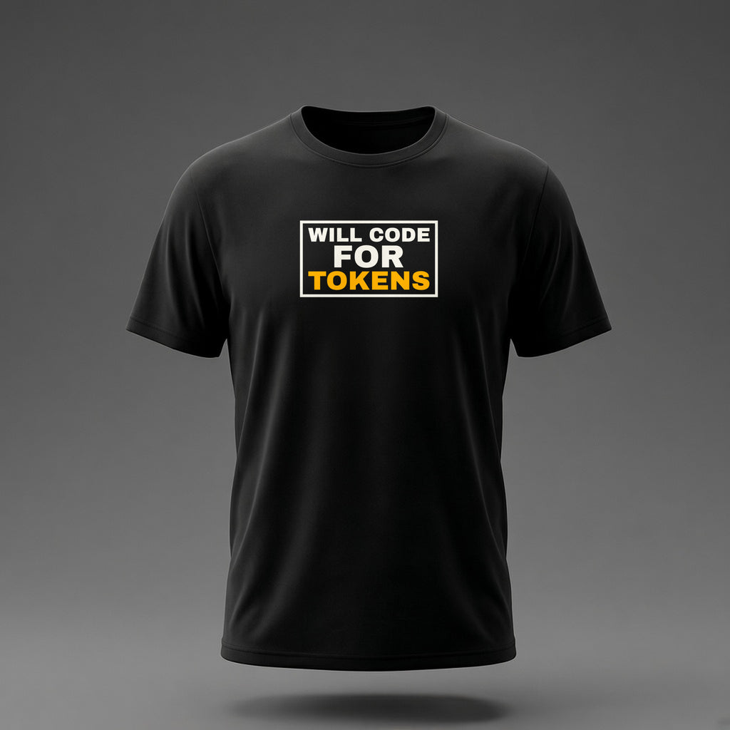 Front view: Black t-shirt floating on a grey background with 'Will code for tokens' inside a sign outline printed across the chest in off-white and amber.