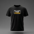 Front view: Black t-shirt floating on a grey background with 'Will code for tokens' inside a sign outline printed across the chest in off-white and amber.
