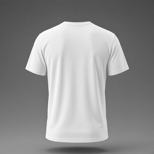 Back view of the white Accept All t-shirt floating on a grey background: plain back, no print.