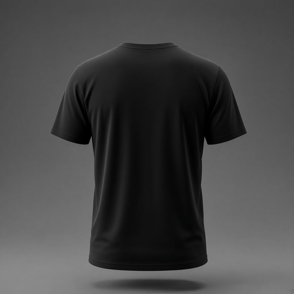 Back view of the black Senior Copy-Paste Engineer t-shirt floating on a grey background: plain back, no print.