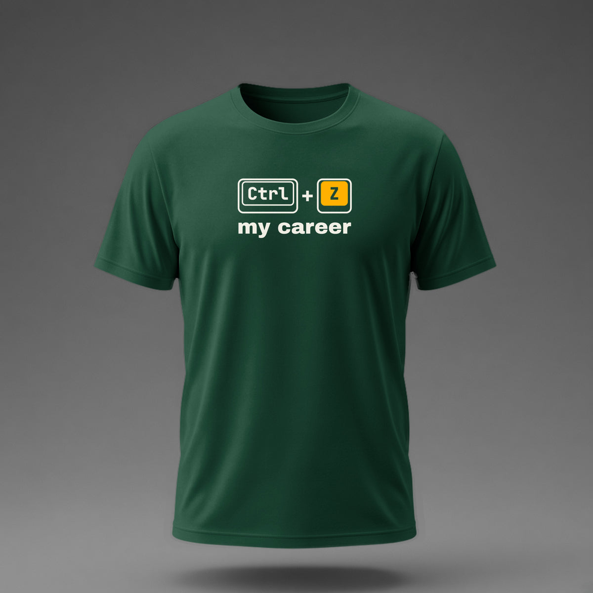 Front view: Bottle Green t-shirt floating on a grey background with Ctrl and Z keycaps over the words 'my career' printed across the chest in off-white and amber.